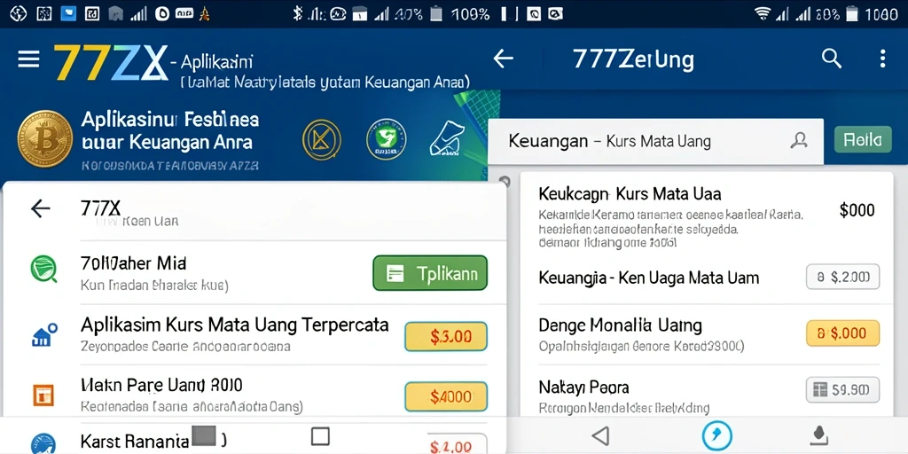 Antarmuka utama aplikasi 777ZX menampilkan nilai tukar mata uang terkini.